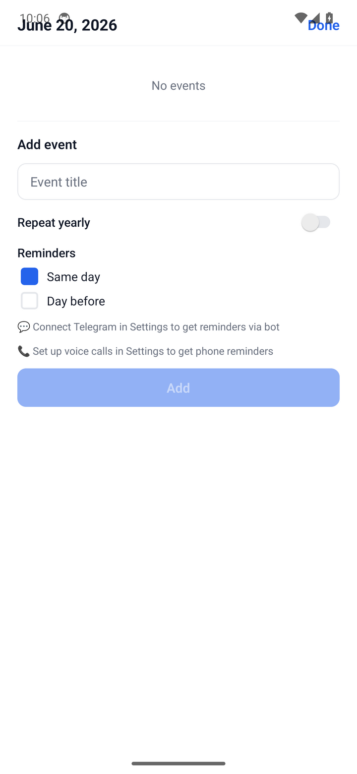Adding an event and choosing reminder channels