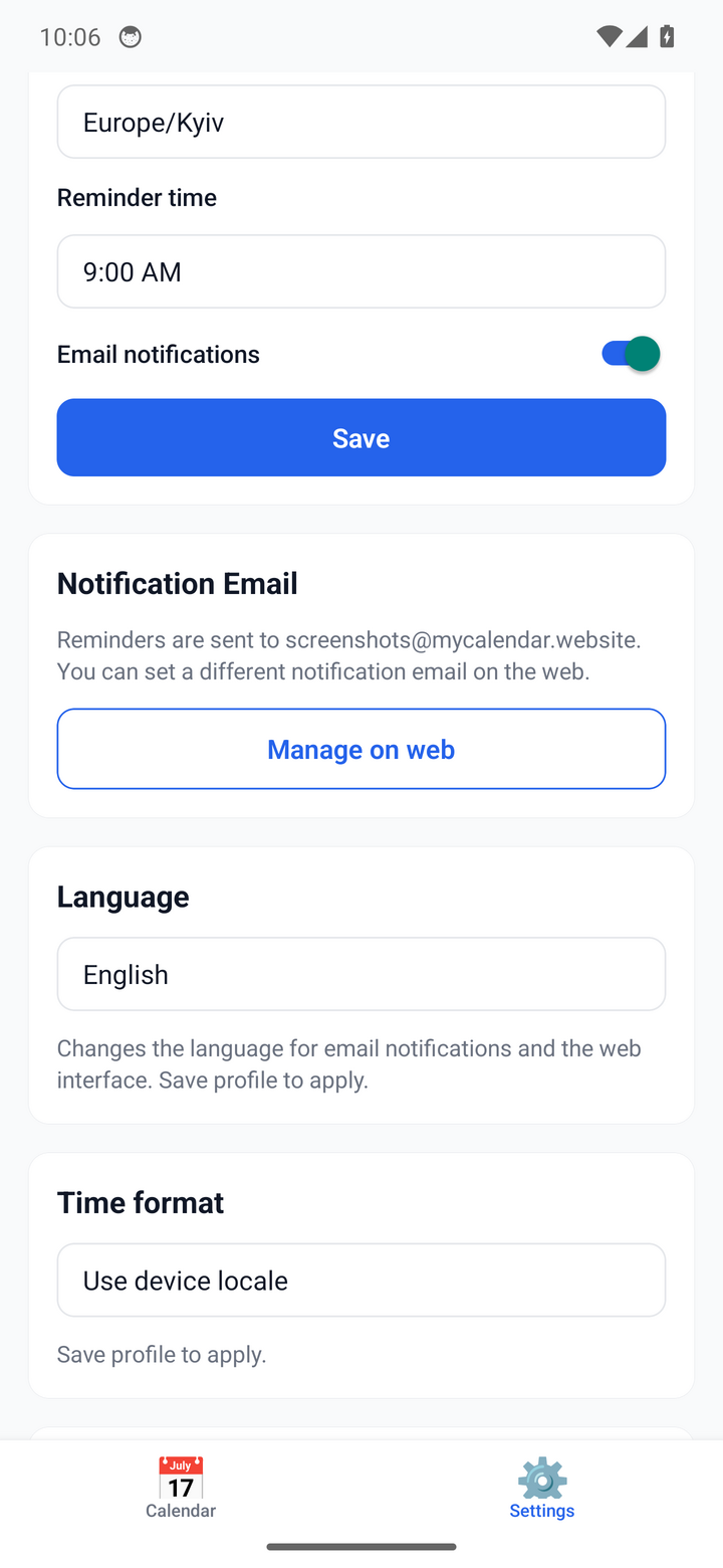 Reminder settings — timezone, time, and channels