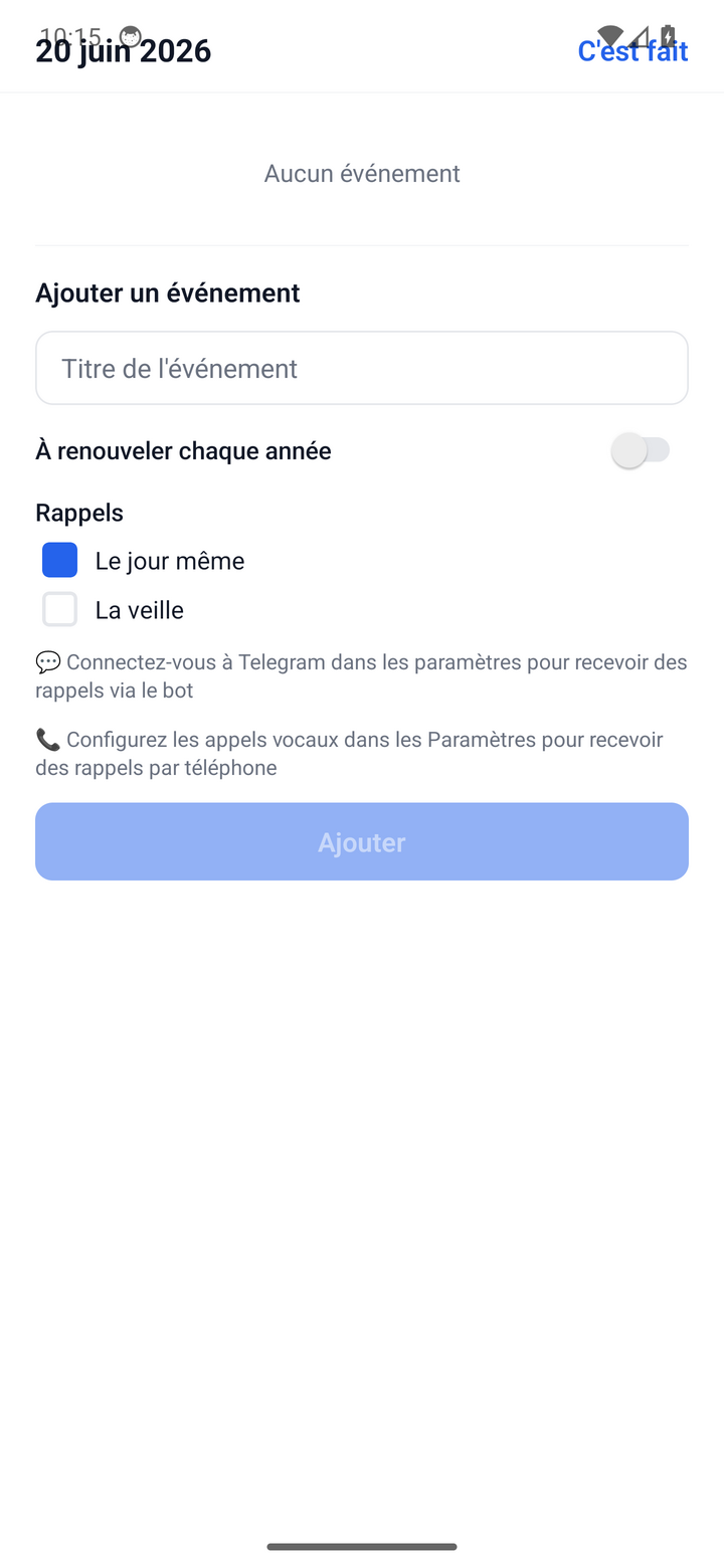 Adding an event and choosing reminder channels