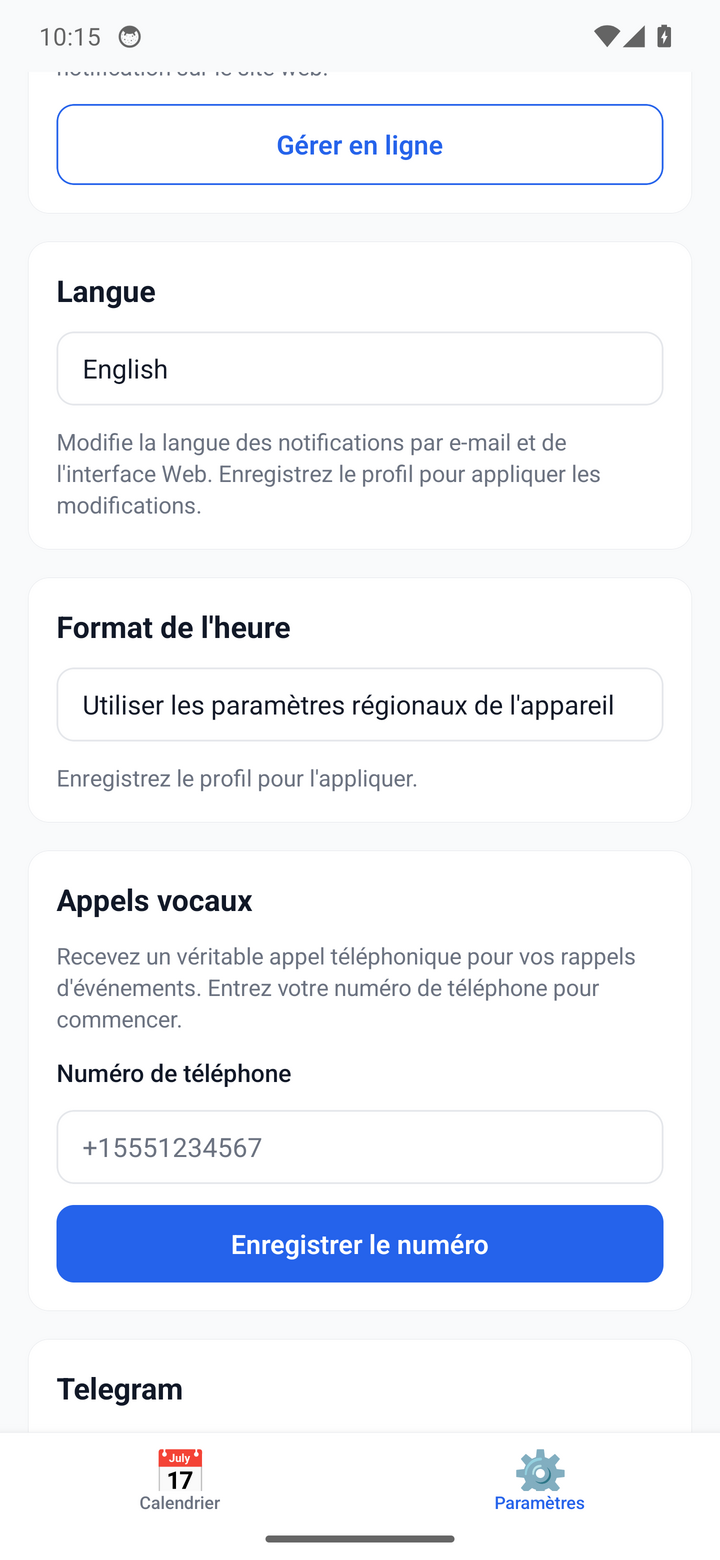 Reminder settings — timezone, time, and channels