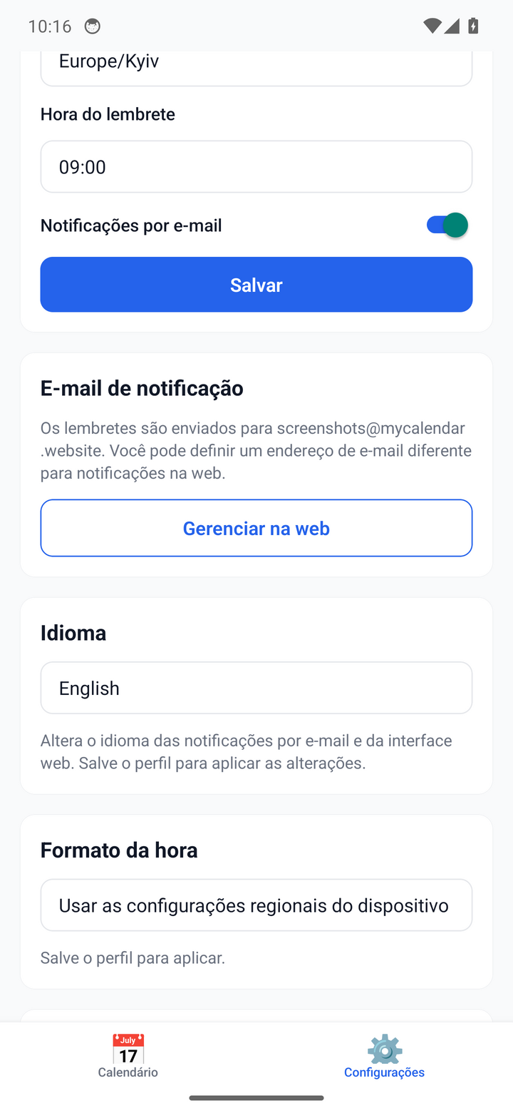 Reminder settings — timezone, time, and channels